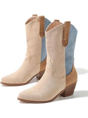 Women’s Apricot Embroidered Cowboy Boots Wide Calf Cowgirl Boots Stacked Heel